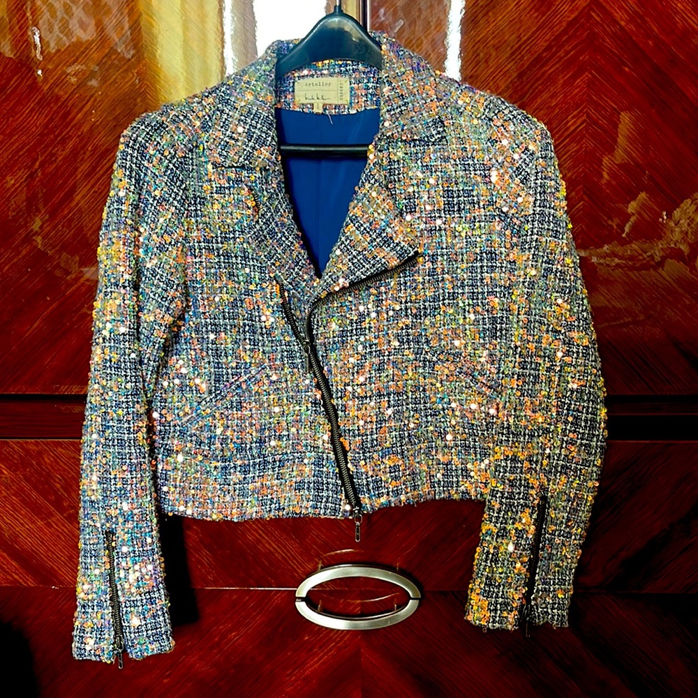 Nicole Miller Artelier Holiday Soarkle Moto Jacket Size 4. Cobalt Blue with Pink